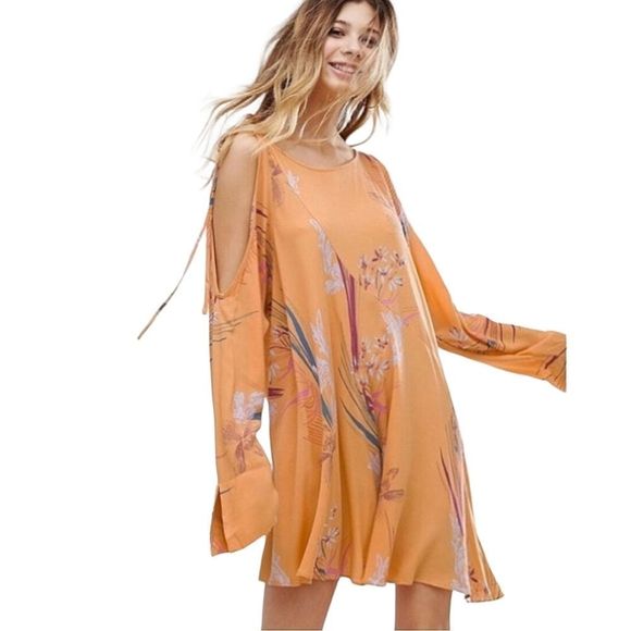 Free People Clear Skies Dress size Small Light Orange Floral Cold Shoulder Tunic - Picture 1 of 8
